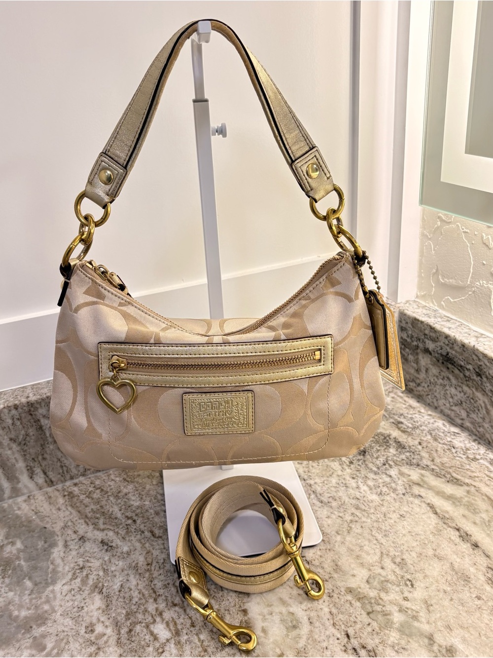 Coach Beige Logo-Pattern Shoulder Bag with Heart Charm